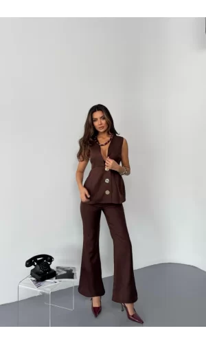KETEN GOLD DÜĞMELİ YELEK - PANTOLON TK - Kahverengi