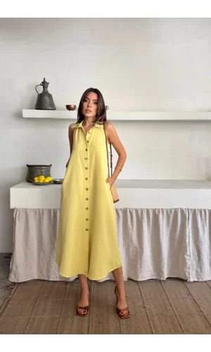 KETEN ÖNDEN DÜĞMELİ KOLSUZ GÖMLEK YAKA ELBİSE - Sarı
