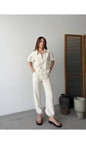 Keten Tam Fermuarlı Kısa Kollu Gömlek Pantolon Ikili Takım - Beyaz