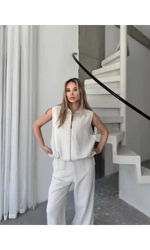 Keten Tam Fermuarlı Kolsuz Ceket Pantolon Ikili Takım- Beyaz