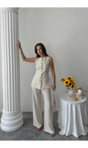 KETEN YELEK - PANTOLON TAKIM - Taş