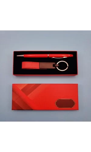 Kırmızı Deri Anahtarlık ve Kalem