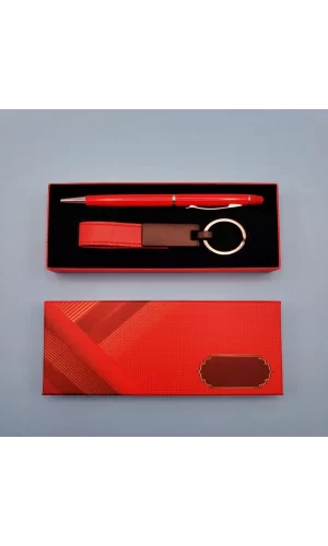 Kırmızı Deri Anahtarlık Ve Kalem
