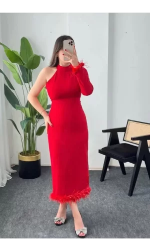 Kırmızı Eteği Tüllü Tek Kol Elbise