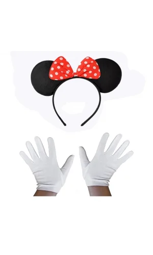 Kırmızı Fiyonklu Minnie Mouse Tacı Ve Beyaz Eldiven Seti
