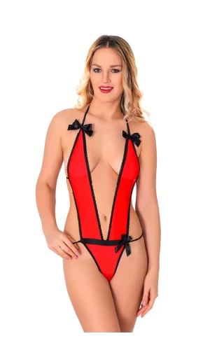 Kırmızı Lcralı Tül Bodysuit - 973
