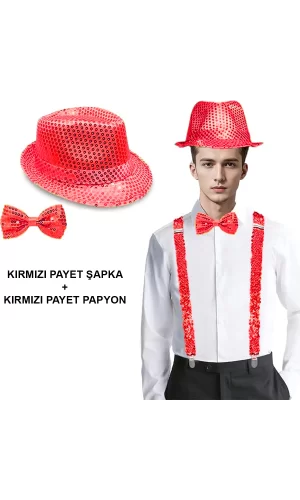 Kırmızı Payetli Şapka ve Papyon Seti – Parıltılı Yetişkin Kostüm Seti