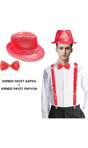 Kırmızı Payetli Şapka Ve Papyon Seti – Parıltılı Yetişkin Kostüm Seti