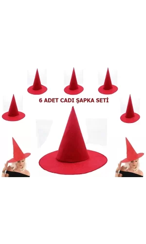Kırmızı Renk Keçe Cadı Şapkası Yetişkin Çocuk Uyumlu 6 Adet