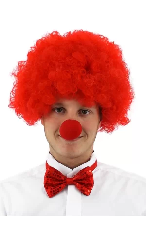Kırmızı Renk Kıvırcık Afro Bonus Peruk Takma Saç Ve Kırmızı Burun Seti
