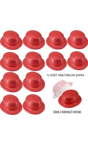 Kırmızı Renk Simli Melon Yulak Parti Şapkası 12 Adet