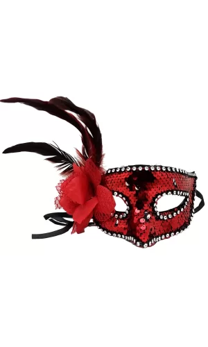 Kırmızı Renk Yandan Tüylü Güllü Gümüş Taşlı Pullu Maske 20x22 Cm