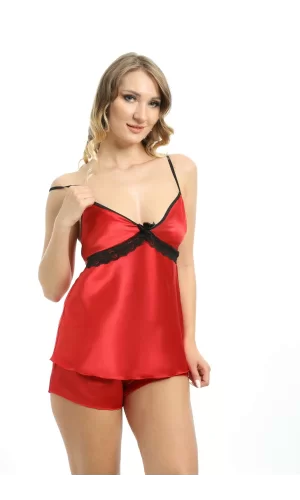 Kırmızı Saten Babydoll Şortlu Takım - 314