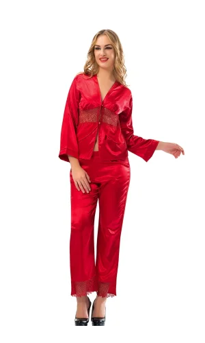 Kırmızı Saten Pijama Takımı - 1601