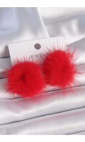 Kırmızı Tüylü Ponpon Model Kadın Küpe