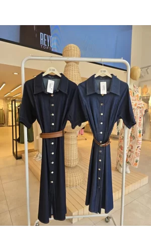 Kısa Kol Düğmeli Denim Elbise - Mavi