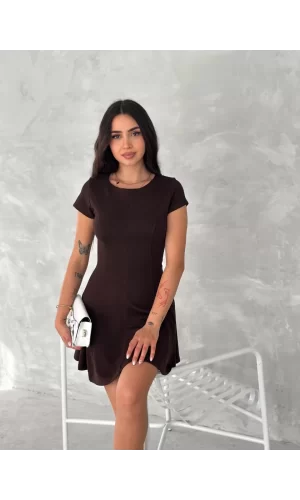 Luz&Pos Kısa Kollu Mini Elbise - Kahverengi