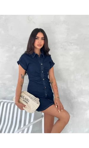Luz&Pos Kısa Kolu Mini Kot Kumaşından Likralı Elbise - Lacivert