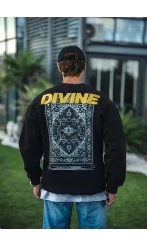 Luz&Pos Kışlık Bisiklet Yaka Baskılı Sweatshirt - Siyah