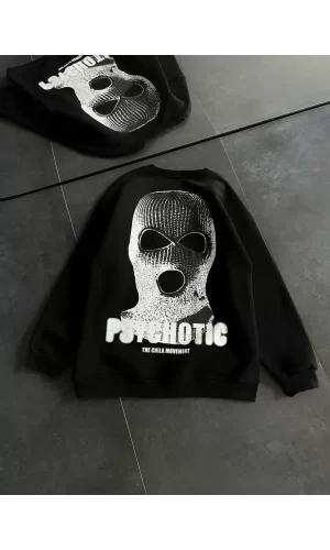 Luz&Pos Kışlık Bisiklet Yaka Baskılı Sweatshirt - Siyah