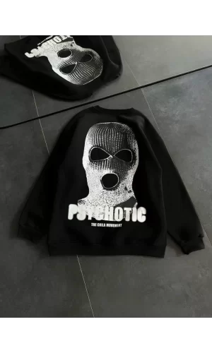 Kışlık Bisiklet Yaka Baskılı SweatShirt - Siyah