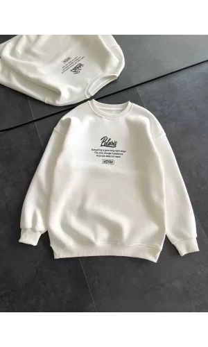 Luz&Pos Kışlık Bisiklet Yaka Ön Ve Arka Baskılı Sweatshirt - Beyaz