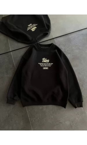 Luz&Pos Kışlık Bisiklet Yaka Ön Ve Arka Baskılı Sweatshirt - Siyah