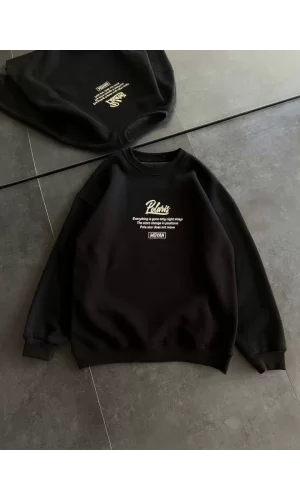 Kışlık Bisiklet Yaka Ön Ve Arka Baskılı SweatShirt - Siyah