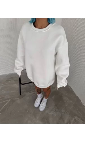 Kışlık Bisiklet Yaka Üç İplik Basic SweatShirt - Beyaz