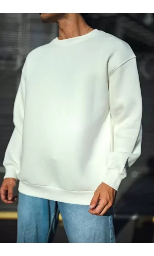 Luz&Pos Kışlık Bisiklet Yaka Üç İplik Basic Sweatshirt - Beyaz