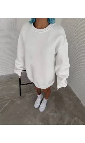 Luz&Pos Kışlık Bisiklet Yaka Üç İplik Basic Sweatshirt - Beyaz