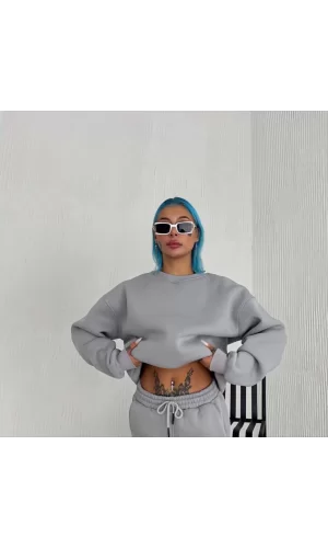 Luz&Pos Kışlık Bisiklet Yaka Üç İplik Basic Sweatshirt - Gri