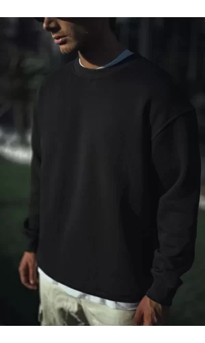 Luz&Pos Kışlık Bisiklet Yaka Üç İplik Basic Sweatshirt - Siyah