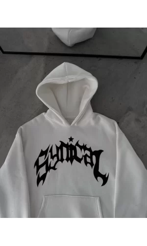 Luz&Pos Kışlık Kapüşonlu Baskılı Oversize Sweatshirt- Beyaz