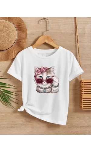 Luz&Pos Kız Çocuk Bisiklet Yaka Baskılı T-shirt - Beyaz
