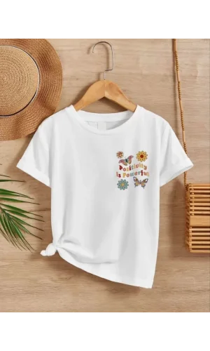 Luz&Pos Kız Çocuk Bisiklet Yaka Baskılı T-shirt - Beyaz
