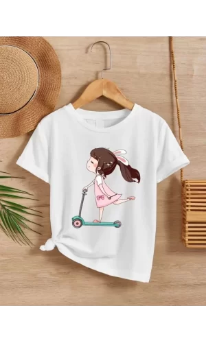 Luz&Pos Kız Çocuk Bisiklet Yaka Baskılı T-shirt - Beyaz