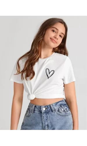 Luz&Pos Kız Çocuk Bisiklet Yaka Baskılı T-shirt - Beyaz