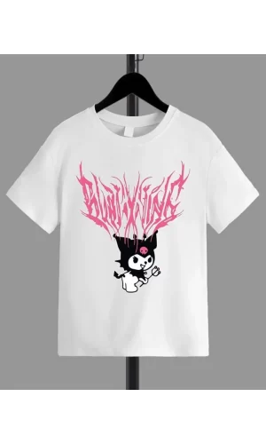 Luz&Pos Kız Çocuk Bisiklet Yaka Baskılı T-shirt - Beyaz