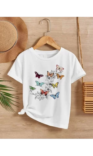 Luz&Pos Kız Çocuk Bisiklet Yaka Baskılı T-shirt - Beyaz