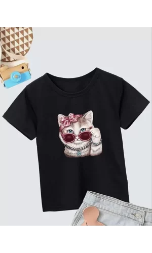 Luz&Pos Kız Çocuk Bisiklet Yaka Baskılı T-shirt - Siyah