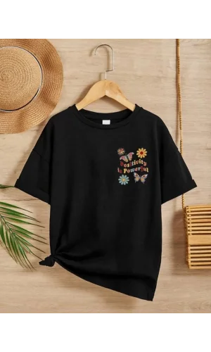 Luz&Pos Kız Çocuk Bisiklet Yaka Baskılı T-shirt - Siyah