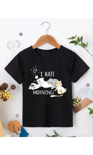 Luz&Pos Kız Çocuk Bisiklet Yaka Baskılı T-shirt - Siyah