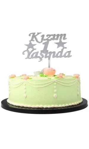 Kızım 1 Yaşında İlk Yaş Doğum Günü Partisi Pleksi Pasta Süsü Gümüş Renk