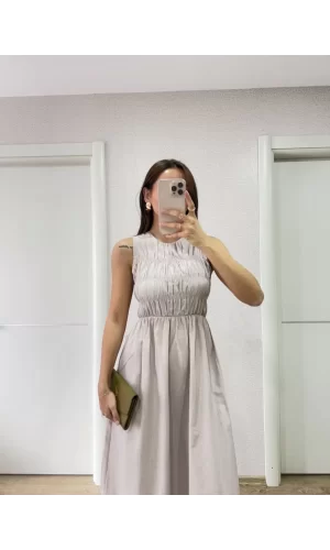 Luz&Pos Kolsuz Göğüs Lastıklı %100 Poplin Uzun Elbise - Gri