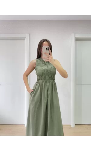 Luz&Pos Kolsuz Göğüs Lastıklı %100 Poplin Uzun Elbise - Yeşil