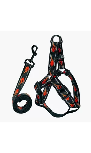 Köpek Göğüs Tasma Seti Reflektörlü Alev Desenli 120 cm-48 cm-70 cm Siyah