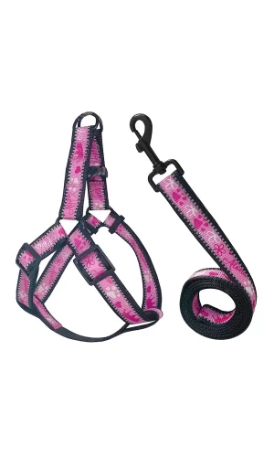 Köpek Göğüs Tasma Seti Reflektörlü Taç Desenli 120 cm-50 cm-70 cm Pembe
