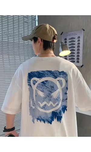 Luz&Pos 20/1 Penye Compack Bisiklet Yaka Kore Tarzı Sevimli Ayı Baskı Kısa Kol Erkek T-shirt - Beyaz