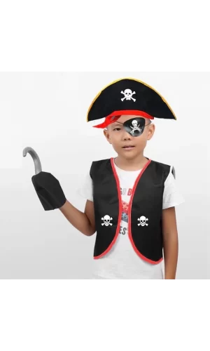Korsan Yelek + Şapka + Kanca + Maske Çocuk Boy 4-6 Yaş